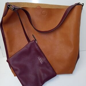 Barney New York Leather  Brown and Burgundy Tote Bag Set